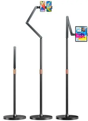 Aluminum Alloy Tablet Floor Stand with Heavy Duty Base-Height Adjustable 360° Rotation Overhead Bed Phone Floor Mount, Video Recording Arm Holder Stand Compatible with iPad Pro/Air/Mini, Kindle, Phone