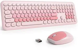 Fogruaden Quiet Wireless Pink Keyboard and Mouse, 2.4GHz Retro Cute Typewriter-Style Full-Size Colorful Keyboard and Mouse Combo, Slim Design, Low-Noise Typing for Home, Office, Windows PC, Laptop