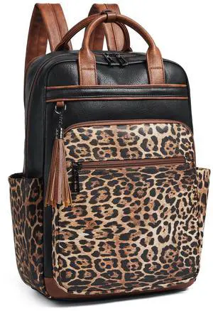 Shrrie Laptop Backpack for Women 15.6 inch Travel Leather Backpack Purse Work Computer Backpacks for Business College Black With Leopard