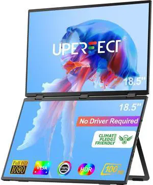 UPERFECT Delta Max 18.5" 100Hz Dual Portable Monitor for Laptop Screen Extender 1080P HDR 360° Folding Stacked Triple Monitor with Stand & VESA for Laptop PC Phone Game Console (No Driver Needed)