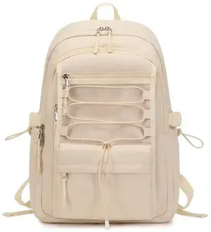 Sunborls School Travel Laptop Backpack Teen Girls Weekend Leisure Vacation Rucksacks Unisex 15.6in Handmade Rope Decoration Student Cute Lightweight High-Capacity The Gift Bookbag (Off-White)
