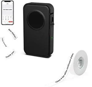 Phomemo D35 Label Maker with 1/2 in X 20 Ft (15mm X 6m) White Continuous Adhesive Label Paper,for Home, Office, School, Organization, Store and More, Compatible for Android & iOS System-Black