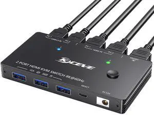 KCEVE HDMI KVM Switch 2 Computer 1 Monitor 8K@60Hz, KVM Switch HDMI 2 Port with 3 USB3.0, Wired Remote, Power Adapter and USB Cables