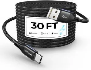 AZPPANXI 30FT USB C Cable, Extra Long USB A to USB Type C Charger Cord High-Grade Nylon Braided Charger Cord Type-C Power Wire for Security Camera/USB-C Phone/Tablet/PS5/Switch (No Data Transfer)