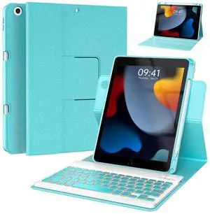 Keyboard Case for iPad 9th/8th/7th Generation 10.2 inch,360° Rotatable iPad Air 3 Pro 10.5-inch Case with Pencil Holder(2021/2020/2019/2017),7 Color Backlit Bluetooth Keyboard Folio Cover (Lake Blue)