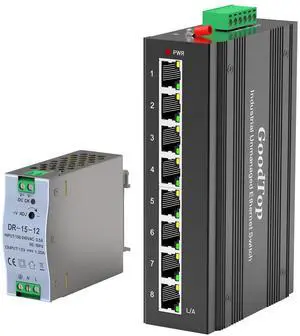 GoodTop 8 Port Gigabit Industrial Switch,DIN-Rail Unmanaged Ethernet Switch with 15W DIN-Rail Industrial Power Supply,10/100/1000Mbps Network Switch,IP40,One-Key VLAN,Lightning Protection
