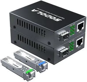 SODOLA A Pair of Bidi Gigabit SingleMode LC Fiber to Ethernet Media Converter, with BiDi SFP LX Module, 1310nm/1550nm, SMF, up to 20-KM, 1.25G Fiber Media Converter,1000Base-LX to 10/100/1000Base-TX
