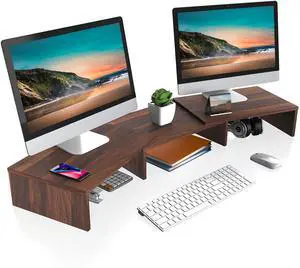 FITUEYES Dual Monitor Stand  3 Shelf Computer Monitor Riser, Wood Desktop Stand with Adjustable Length and Angle, Desk Accessories, Office Supplies Medium Brown, DT108002WB