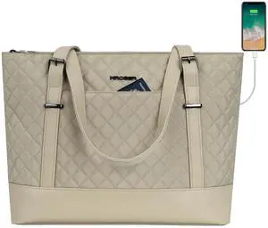 KROSER Laptop Tote Bag 15.6 Inch with USB Port, Large Work Tote Bag Computer Shoulder Bag for Women, Laptop Carrying Case Stylish Handbag Gift for Office Business Travel(Light khaki)