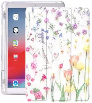 Idocolors Flower Pad Case w/Pencil Holder for 10.2" 2021 iPad 9th Generation Cute iPad Case Floral Smart Cover Anti-Scratch Shockproof Lightweight Multi-Angle View Cover for A2602 A2603 A2604 A2605