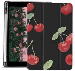 JOYLAND Red Cherry Pad Case for 10.2 Inch iPad 9th/7th/8th Generation with Pencil Holder, Foldable for iPad 2021/2020/2019 Case Lovely Black Leather Protective Cover, Auto Wake/Sleep