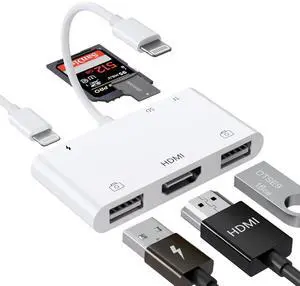 Lightning to HDMI Adapter with USB Camera and Charging Port, SD Card Reader for iPhone, 6 in 1 Camera Adapter to iPhone, Supports MIDI Keyboard, Mouse, HD TV/Projector/Monitor, Plug & Play