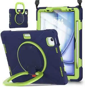 TSQQST Case for iPad Air 11 Inch M3 M2 2025 2024 7th 6th Generation/iPad Air 5th/4th Gen 10.9 Inch w/Screen Protector, Rugged Shockproof Case w/Pencil Holder+Stand+Handle Grip+Strap, Navyblue