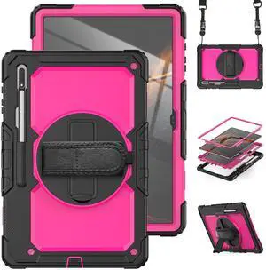 Dteck for Samsung Galaxy Tab S8 Ultra 2022 Tablet 14.6" Case with Buit-in Screen Protector, Military Grade Shockproof Case w/360 Rotating Hand Strap & Kickstand for Samsung Tab S8 Ultra 14.6"-Hot Pink