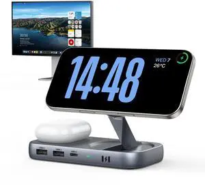Selore USB C Hub with Wireless Charging for MacBook: 4K@60Hz HDMI, 100W PD, 15W Qi2 + 5W Wireless, 10Gbps Ports, iPhone Mirroring Docking Station & Magsafe Stand, Space-Saving Desk Organizer