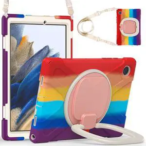 PboyiqiS Case for Galaxy Tab A8 10.5" 2022 (SM-X200/ X205/ X207), Heavy Duty Protective Case with 360 Degree Swivel Stand&Hand Strap&Shoulder Strap (Colourful Red)