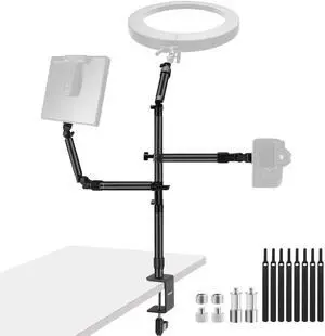 NEEWER Overhead Camera Desk Mount Rig Stand with 2 Boom Arms for Photography Devices: Video Light Ring Light Phone Mount Webcam Mic Compact DSLR for Home Office Studio Live Streaming Broadcast, ST008