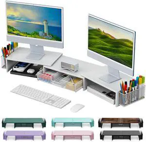 gianotter Dual Monitor Stand Riser, Desk Organizer With Drawer and 2 Pen Holders, Monitor Stand for Desk, Office Decor Essentials (White)