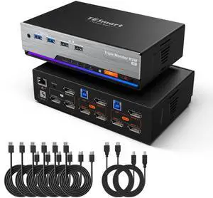 TESmart 8K@60Hz DP KVM Switch 3 Monitors 2 Computers USB 3.0, KVM Switch Triple Monitor 2 Computers DisplayPort 1.4, Support EDID, 1G Ethernet, Hotkey Switch, 4K@144Hz 2K@144Hz for Gaming&Home Office
