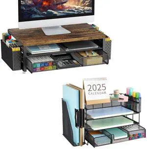 gianotter 4-Tier Paper Letter Tray + Monitor Stand with Storage (Black)