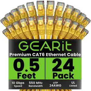 GearIT Cat 6 Ethernet Cable (24-Pack 0.5 Feet) Cat6 Network Patch, 10Gbps, RJ45, Snagless Cord, Gold-Plated Connectors, Internet for PC, TV, Tablet, Router, Printer, Servers, IT Data Center - Yellow