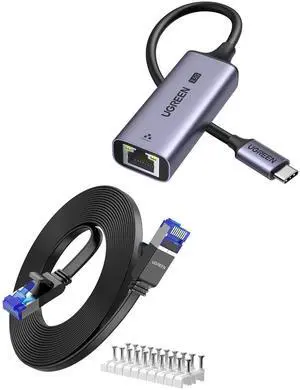 UGREEN 20FT Cat 8 Ethernet Cable 40Gbps 2000Mhz High Speed Bundle with USB C to Ethernet Adapter 2.5G for MacBook Air/Pro, XPS, iPhone 15/Plus/Pro/Max
