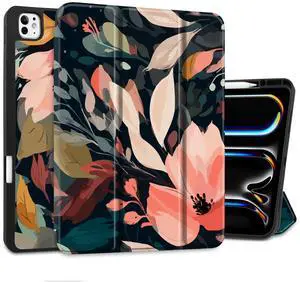 DONGKE for iPad Pro 13 inch M4 Case 2024 - [Built-in Pencil Holder Supports Pencil Pro and Pencil USB-C] Ultra Thin Soft TPU Back Cover with Trifold Stand Support Auto Wake/Sleep - Painted Florals