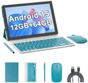10 Inch Tablet Android 15(NOT GO) Tablets with keyboard 64GB ROM+12GB RAM(4+8 expansion) Supports 1TB Expansion 2MP+8MP Dual Camera 6000mAh 5G WiFi6 Tableta, Tablets with Mouse/Case/Stylus/USB-C Cable