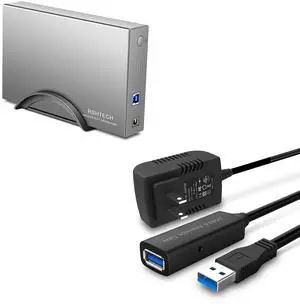 RSHTECH 3.5inch Aluminum SATA l Hard Drive Enclosure+USB 3.0 Active Extension Cable 32 Feet with 5V 2A Power Adapter