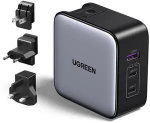 UGREEN 65W USB C Charger, Nexode 3 Port Travel GaN Fast International Charger with US UK EU Plug, USB C Power Adapter for MacBook Pro/Air, Dell XPS, iPhone 16/15, iPad, Galaxy S24, Steam Deck