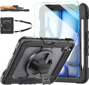 Ambison Case for iPad Air 11 inch M3 2025/M2 2024 (Air 7th/6th Generation), Heavy Duty Protective Case with 9H Tempered Glass Screen Protector, 360° Rotatable Kickstand/Hand Strap (Black)