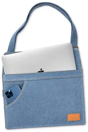 tomtoc Denim Shoulder Bag for 13-inch MacBook Air M4/A3240 2025, M3/A3113, M2/A2681 M1/A2337, MacBook Pro M2/A2686 M1/A2338, 13-inch iPad Air (M3/M2)/iPad Pro M4, Vintage Style Retro Blue Jeans Sleeve
