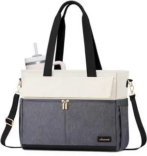LOVEVOOK Laptop Bag for Women 15.6 Inch Canvas Laptop Large Capacity Work Bags Mutiple Pockets Teacher Bag Water Resistant Computer Bags for Business Travel Nurse, Gray Beige