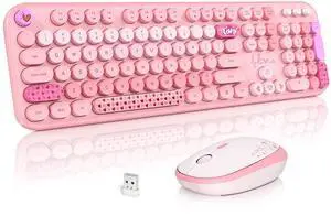 MOFII Wireless Keyboard and Mouse Combo, Cute Keyboard Full Size and Wireless Mouse, 2.4GHz Retro Typewriter Keyboard Wireless Mouse Set for PC/Desktop/Laptop/Windows (Pink Colorful)