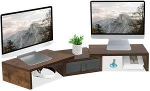 TEAMIX 3 Shelf Monitor Stand Riser With Drawer - Length and Angle Adjustable Dual Riser With Storage Corner Desk Shelf Organizer Large Computer Stand for 2 Monitors/Laptop (Brown, 1 Drawer)