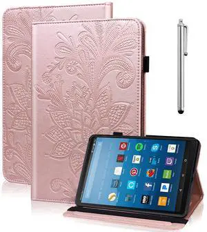 TUOLISG for Kindle Fire HD 8 Tablet Case 8th/7th/6th Generation 8 inch with Card Slots, Flower Pattern Embossed PU Leather Folio Wallet Case for Kindle Fire HD 8 2018/2017/2016, Rose Gold