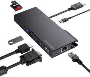 WAVLINK USB 3.0 Mini Docking Station Dual Display, 2K HDMI, 2K VGA, 9 in 1 Adapter with Detachable SD/TF Card Read, 1Gbps Ethernet Port, 5Gbps USB3.0 for Laptop Windows MacOS