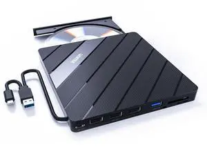 Unitek External DVD Driver USB C Portable CD/DVD +/-RW Drive/DVD Player with SD Card Reader USB 3.0 Hub USB C Power Port CD ROM Burner Compatible with Laptop Desktop PC Mac Windows 11/10/8/7 Linux OS