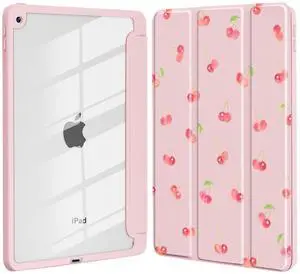 Idocolors Cute Cherry Case for iPad 7th/8th/9th Generation 10.2 inch, Clear Hard Back Cover with Pencil Holder, Tri-fold Stand Full Wrap Protective Case for Women Girls, Pink Cherry/Pink Case