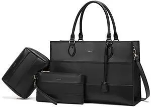 Keyli 3pcs Sets Laptop Bag for Women,15.6 Work Tote Bags Waterproof Leather Business Computer Briefcase with Clutch Purses Casual Shoulder Handbag Messenger Bag for Travel Office Black