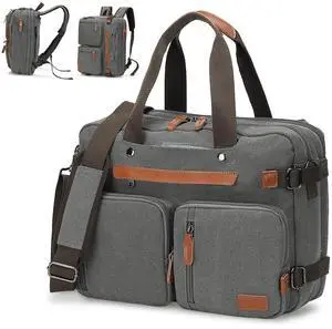SUIKIHUM 3 in 1 Canvas Briefcase Backpack for Men Women, 15.6 Inch Laptop Backpack, Business Work Bags with 12 Pockets, Gray
