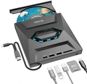 SUIDEK External CD DVD Drive for Laptop, USB C Portable CD/DVD +/-RW Burner DVD Player with SD Card Reader USB 3.0 Type C Hub Compatible with Laptop PC Windows Linux