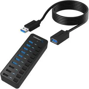 60W 10 Port USB 3.0 Hub Includes 3 Smart Charging Ports with Individual Power Switches and LEDs and 60W 12V/5A Power Adapter+USB 3.0 Extension Cable A Male to A Female [Black] 3 Feet