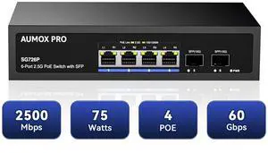 6 Port 2.5G PoE Switch,AUMOX PRO 4 Port 2.5G Network Unmanaged Switch with 2x10G SFP Gigabit Ethernet Unmanaged PoE Switch 75W,Compatible with 100/1000/2500Mbps Plug and Play