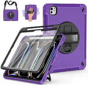 Miesherk Military Grade Heavy Duty Shockproof Case for iPad Pro 11 Inch 2024 With Screen Protector, Pencil Holder, Hand/Shoulder Strap, Rotating Kickstand, Purple