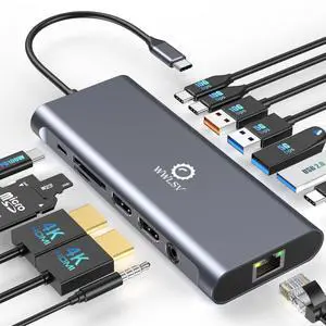 Laptop Docking Station Dual Monitor for MacBook/Dell/HP/Lenovo, 14 in 1 USB C Hub, Hdmi Hub for Multiple Monitors, Type C Docking Station with Dual 4K HDMI/USB/PD/Ethernet/SD/TF/Audio/Mic