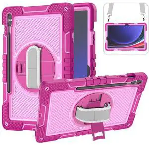Shockproof Case for Samsung Galaxy Tab S10+/S9+/S9 FE+ 12.4" Tablet with Shoulder Strap, Techcircle Heavy Duty Rotating Kickstand Rugged Defender Case w/Adjustable Hand Strap, Rose+Pink