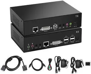 DVI USB KVM Extender 100m(328ft) Over Single Cat5e/Cat6 Cable, 1920x1200@60Hz EDID, Extends Video Audio USB, RS-232 Signals, Point to Point, Zero Latency, Incl.Transmitter and Receiver (New Version)