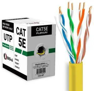 Big-A - 1000ft Cat5e Plenum Ethernet Cable, Yellow, 350MHz, 24AWG UTP, CMP Rated, Solid Network LAN Cord, Compatible with Printer, Gaming Consoles, Router, VoIP Phones, POE IP Cameras Big-A - 1000ft Cat5e Plenum Ethernet Cable, Yellow, 350MHz, 24AWG UTP, CMP Rated, Solid Network LAN Cord, Compatible with Printer, Gaming Consoles, Router, VoIP Phones, POE IP Cameras