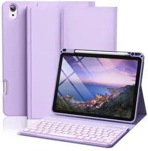 SZPSGC for iPad Air 11 Inch Case with Keyboard (M3/M2, 2025/2024), 7 Colors Backlit Detachable Wireless Keyboard Cover with Pencil Holder, for iPad Air 5th/ 4th Generation, Purple